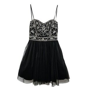Bee Darlin Mini Dress Women 5/6 Black Rhinestone Beaded Tulle Fit and Flare Prom